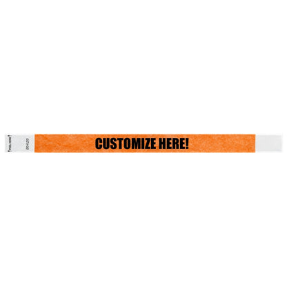 Neon orange litter free tyvek wristband with text "customize here!" in black - shown in flat 
