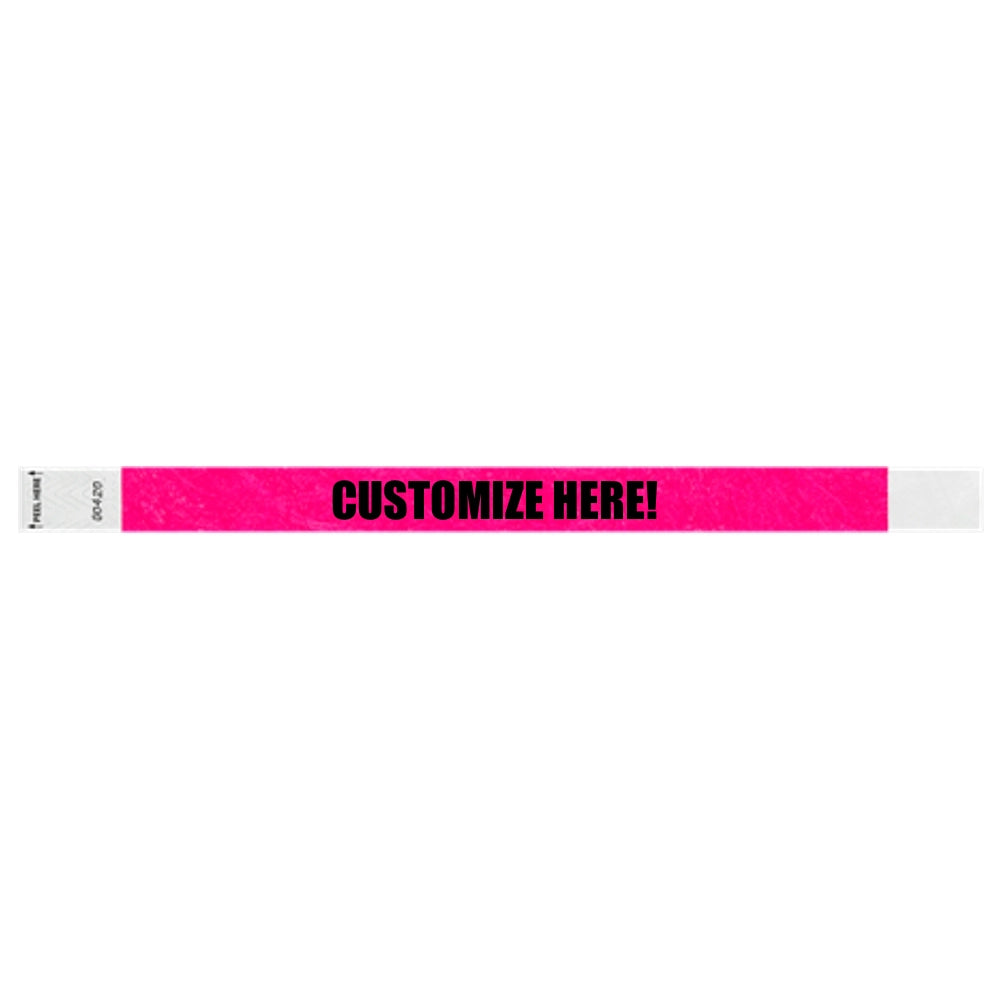 Neon pink litter free tyvek wristband with text "customize here!" in black - shown in flat 