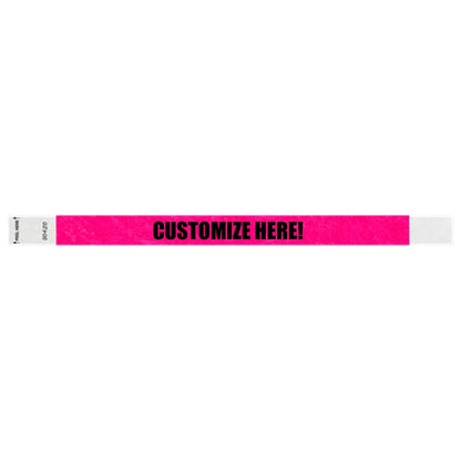 Neon pink litter free tyvek wristband with text "customize here!" in black - shown in flat 