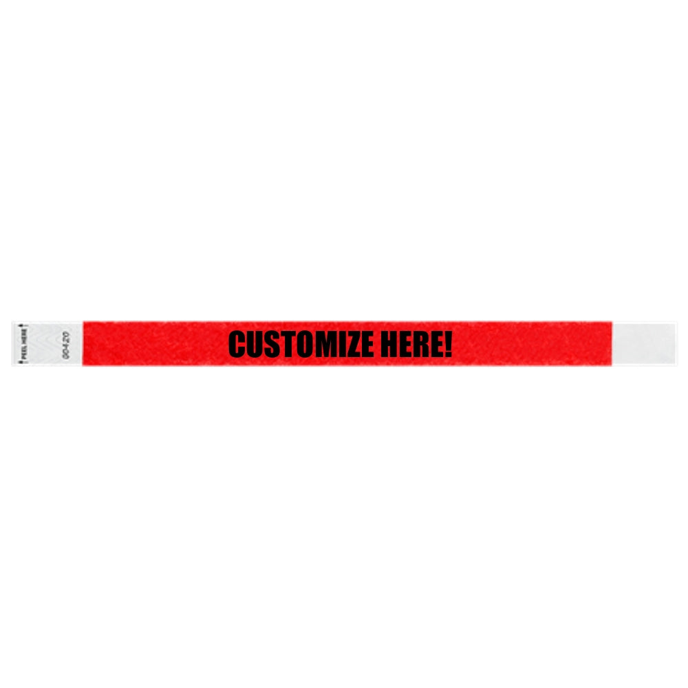 Neon red litter free tyvek wristband with text "customize here!" in black - shown in flat 