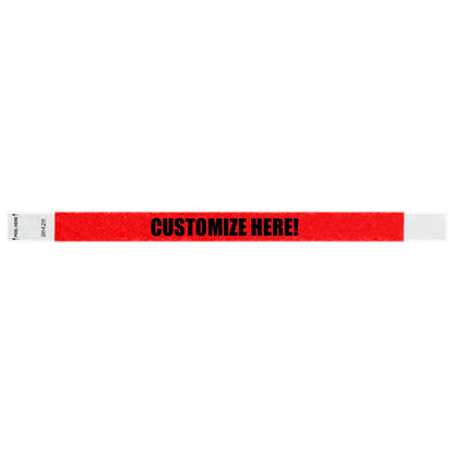 Neon red litter free tyvek wristband with text "customize here!" in black - shown in flat 