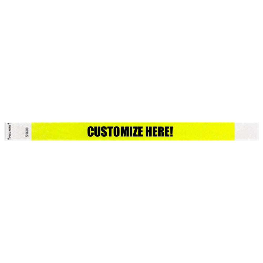 Neon yellow litter free tyvek wristband with text "customize here!" in black - shown in flat 