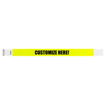 Neon yellow litter free tyvek wristband with text "customize here!" in black - shown in flat 