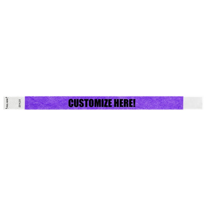 Purple litter free tyvek wristband with text "customize here!" in black - shown in flat 