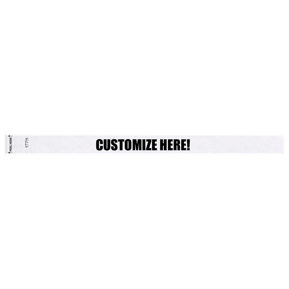 White litter free tyvek wristband with text "customize here!" in black - shown in flat 