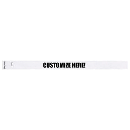 White litter free tyvek wristband with text "customize here!" in black - shown in flat 