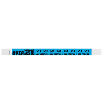 Neon blue wristband with  black text "over 21" - shown in black 