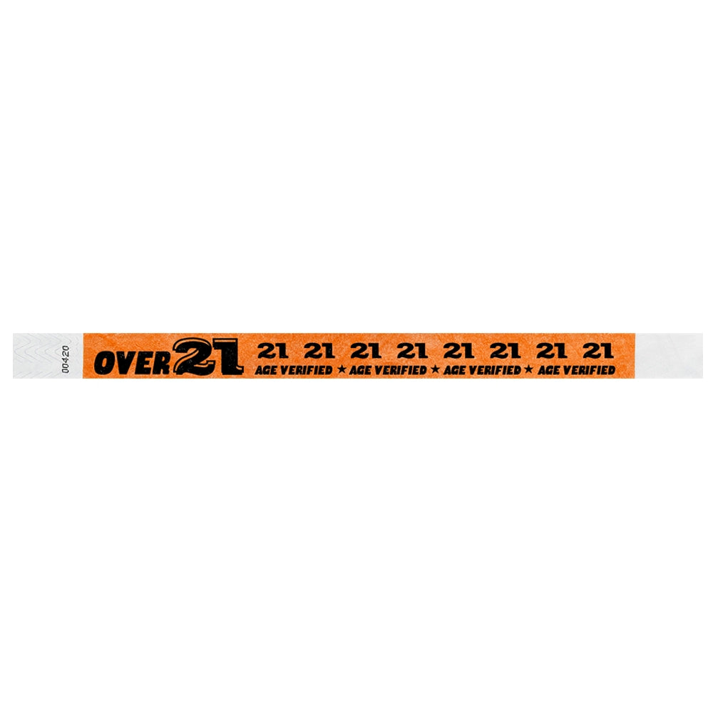 Neon orange wristband with  black text "over 21" - shown in flat 
