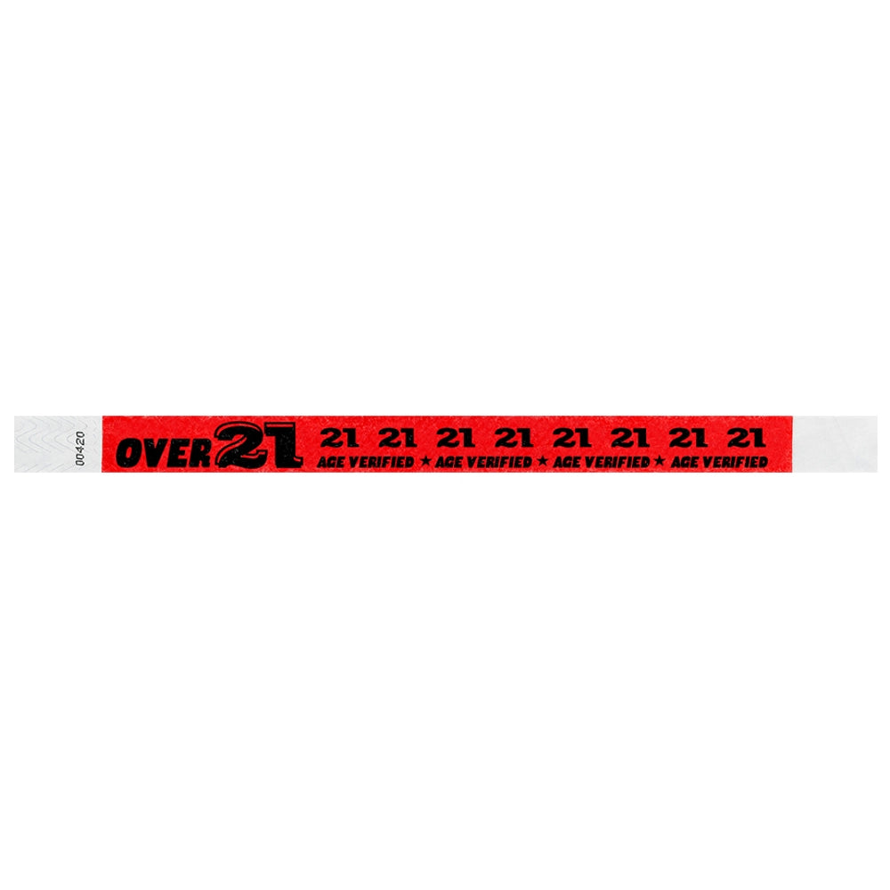 Neon red wristband with  black text "over 21" - shown in flat 