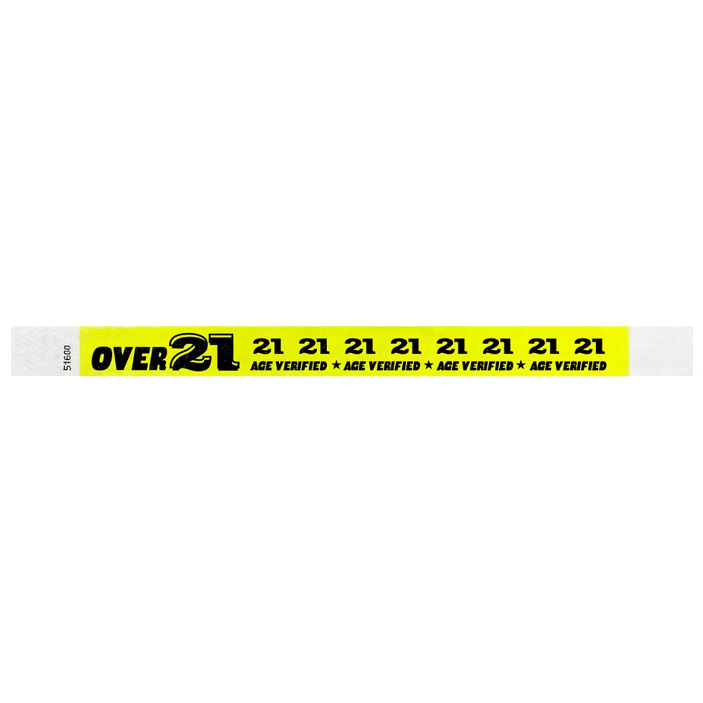 Neon yellow wristband with  black text "over 21" - shown in flat 