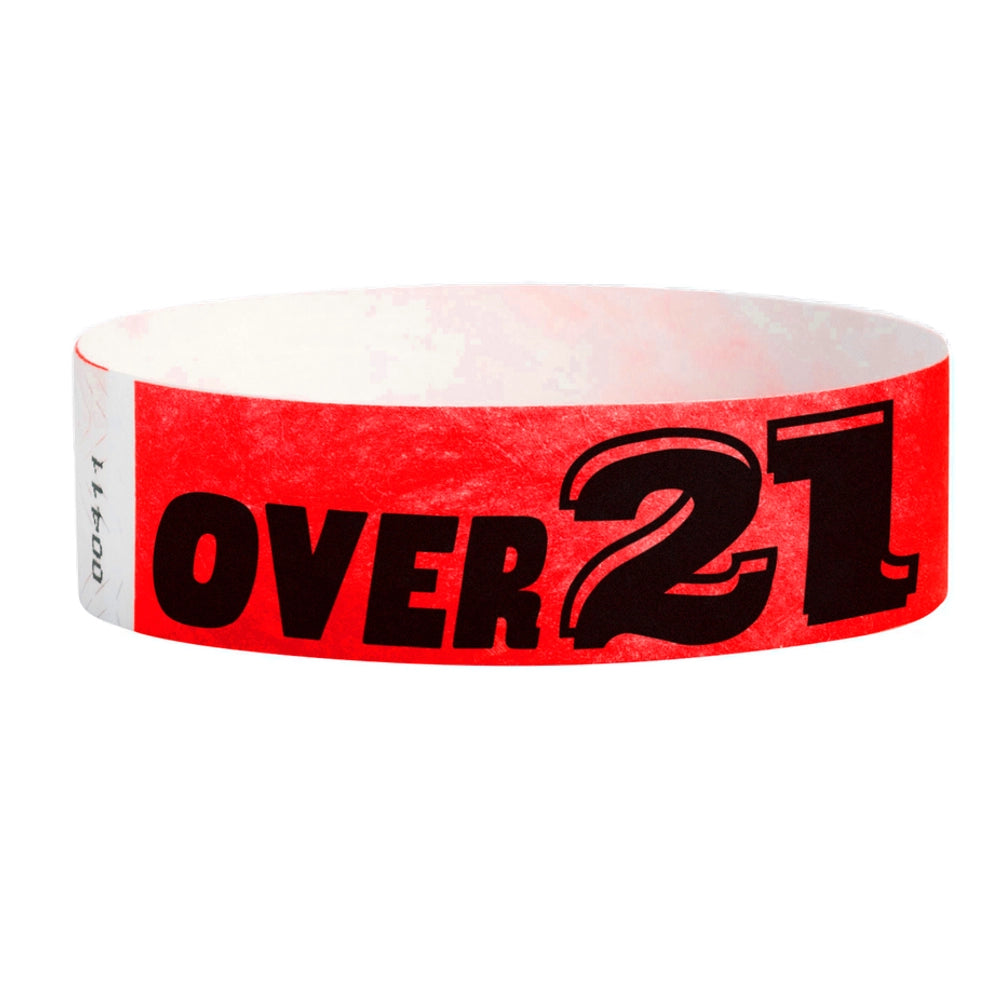 Neon red wristband with  black text "over 21" - shown in round 