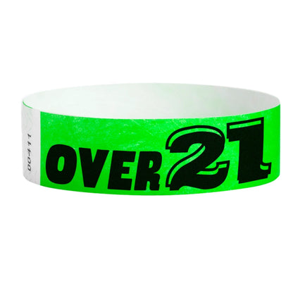Neon green wristband with  black text "over 21" - shown in round 