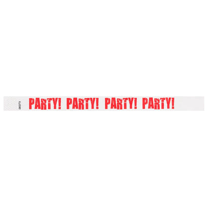 White tyvek wristband with neon red 'PARTY!' text - flat version shown