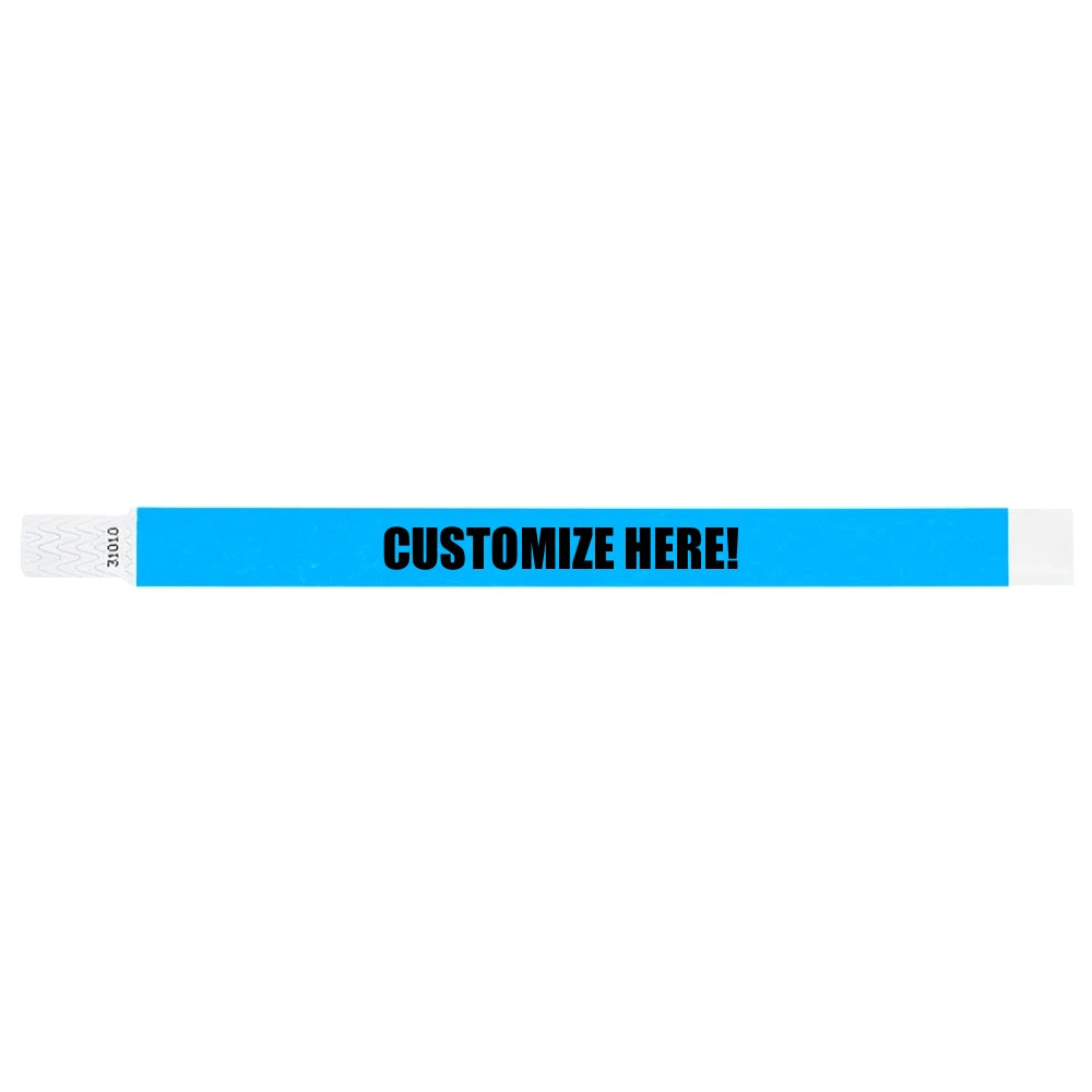 Neon blue tyvek qwik fit wristband with text "CUSTOMIZE HERE!" in black - shown in flat 