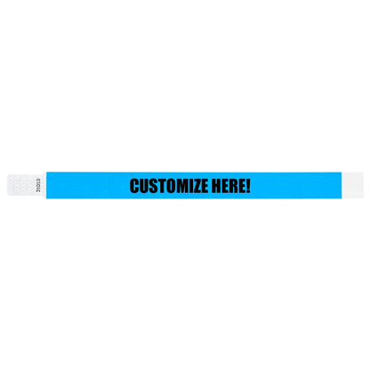 Neon blue tyvek qwik fit wristband with text "CUSTOMIZE HERE!" in black - shown in flat 