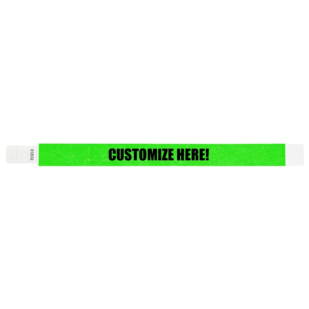 Neon green tyvek qwik fit wristband with text "CUSTOMIZE HERE!" in black - shown in flat 