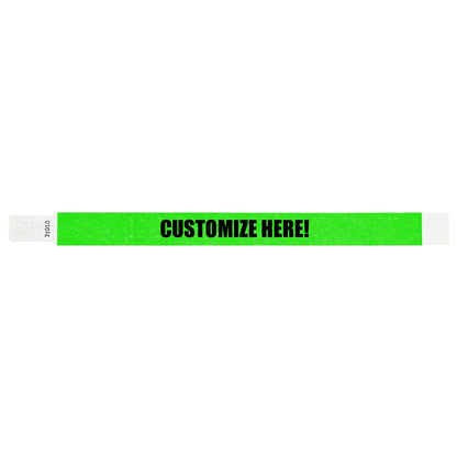 Neon green tyvek qwik fit wristband with text "CUSTOMIZE HERE!" in black - shown in flat 
