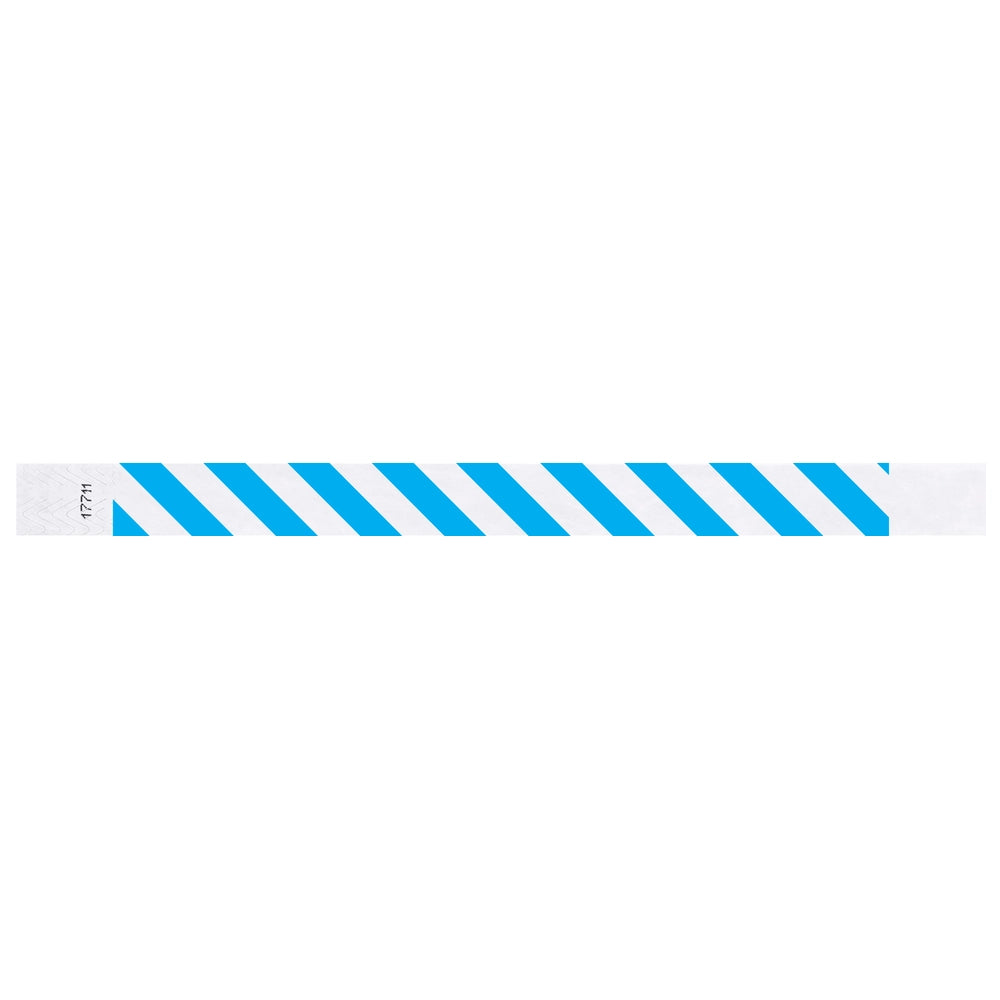 White tyvek wristband with neon blue diagonal stripes - flat version shown