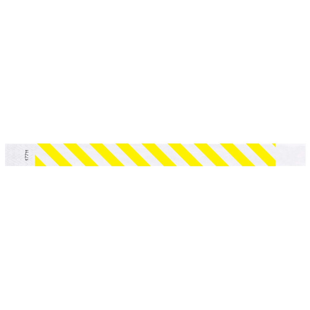 White tyvek wristband with neon yellow diagonal stripes - flat version shown