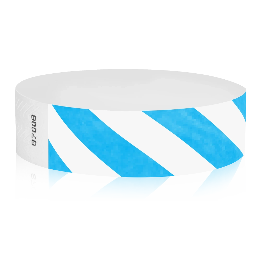 White tyvek wristband with neon blue diagonal stripes - round version shown