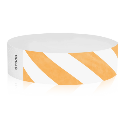 White tyvek wristband with Neon Orange  diagonal stripes - round version shown