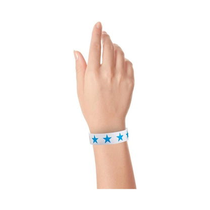 White Wristband with blue stars across the band - shown in flat 