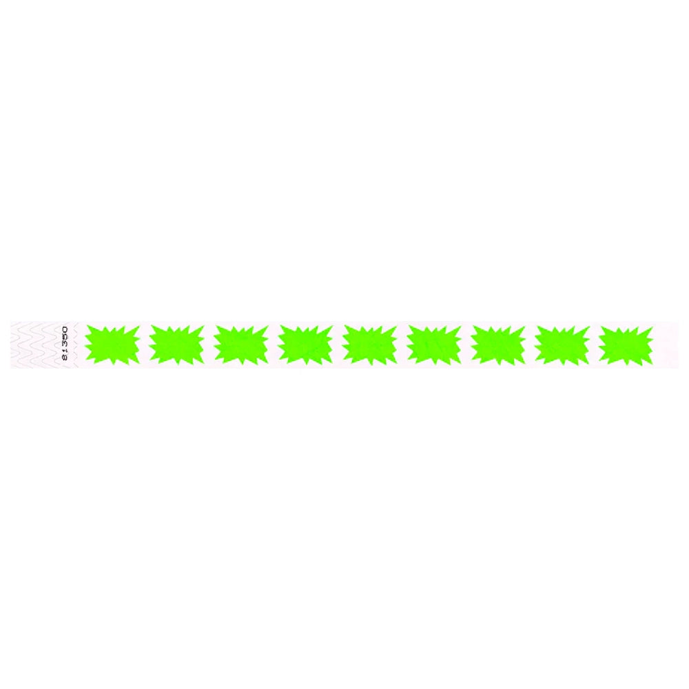 White tyvek wristband with neon green starburst pattern - shown in flat 