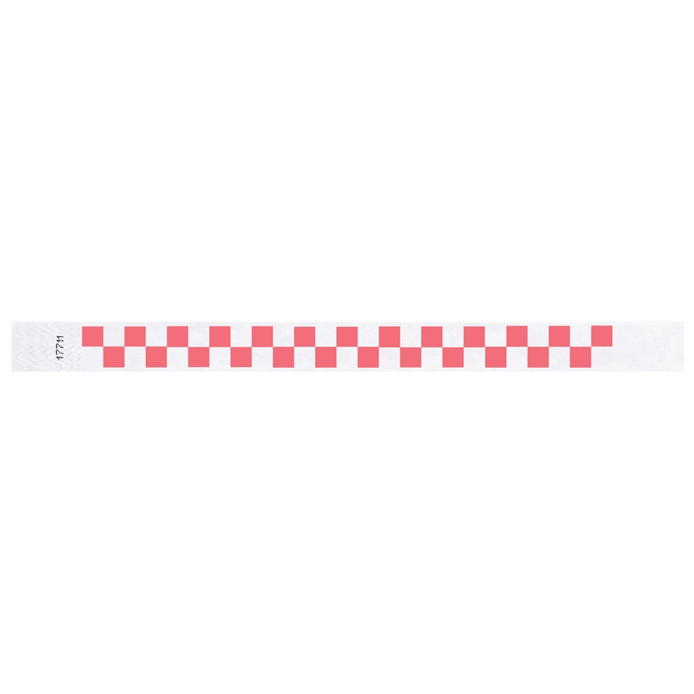 tyvek wristband with a coral red and white checkerboard pattern - flat version shown 