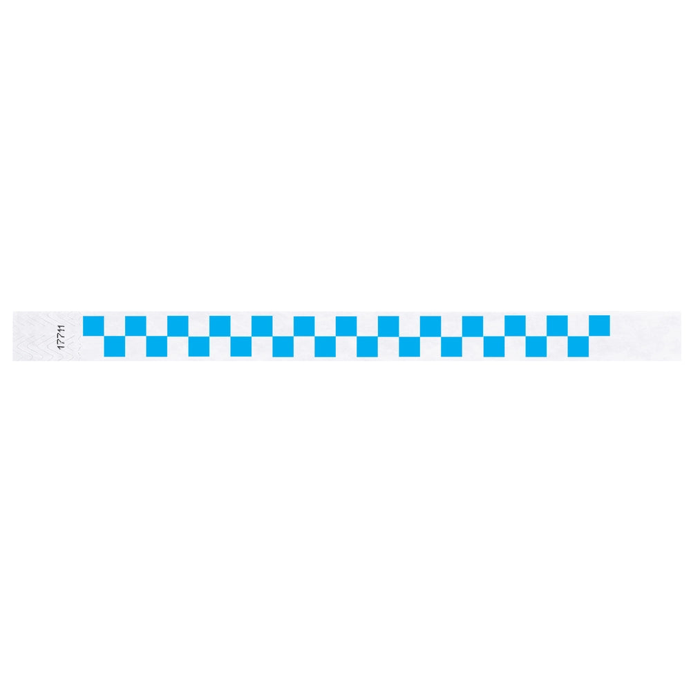 tyvek wristband with a neon blue and white checkerboard pattern - flat version shown 