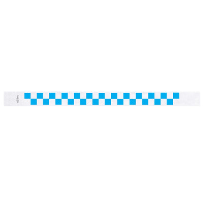 tyvek wristband with a neon blue and white checkerboard pattern - flat version shown 