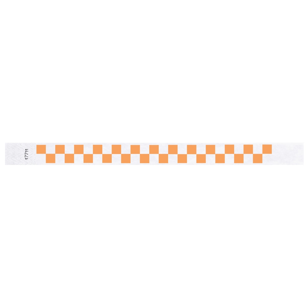 tyvek wristband with a orange and white checkerboard pattern - flat version shown 