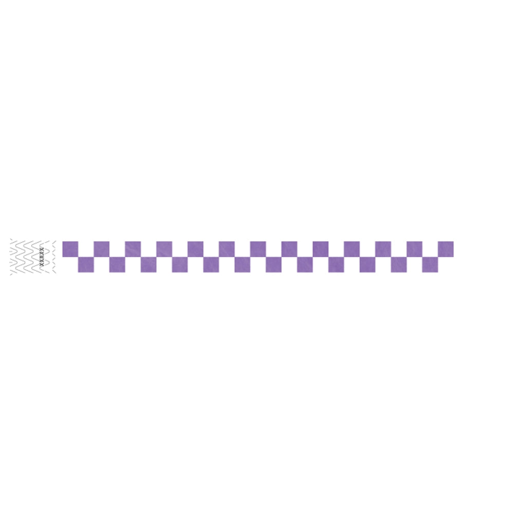 tyvek wristband with a purple and white checkerboard pattern - flat version shown 