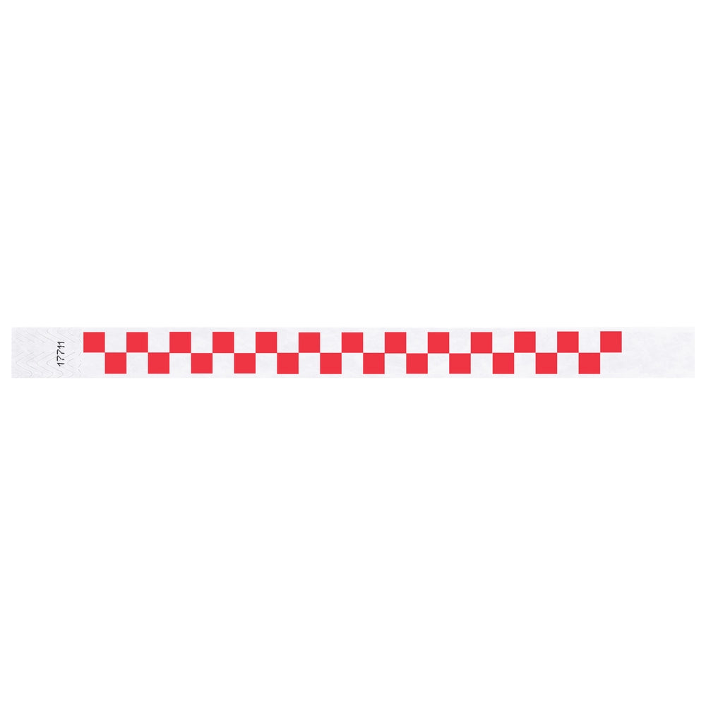 tyvek wristband with a neon red and white checkerboard pattern - flat version shown 