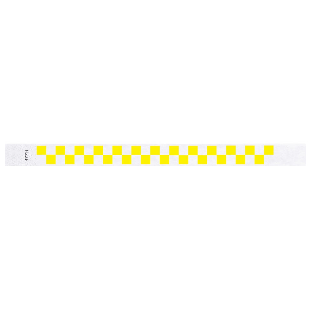 tyvek wristband with a neon yellow and white checkerboard pattern - flat version shown 