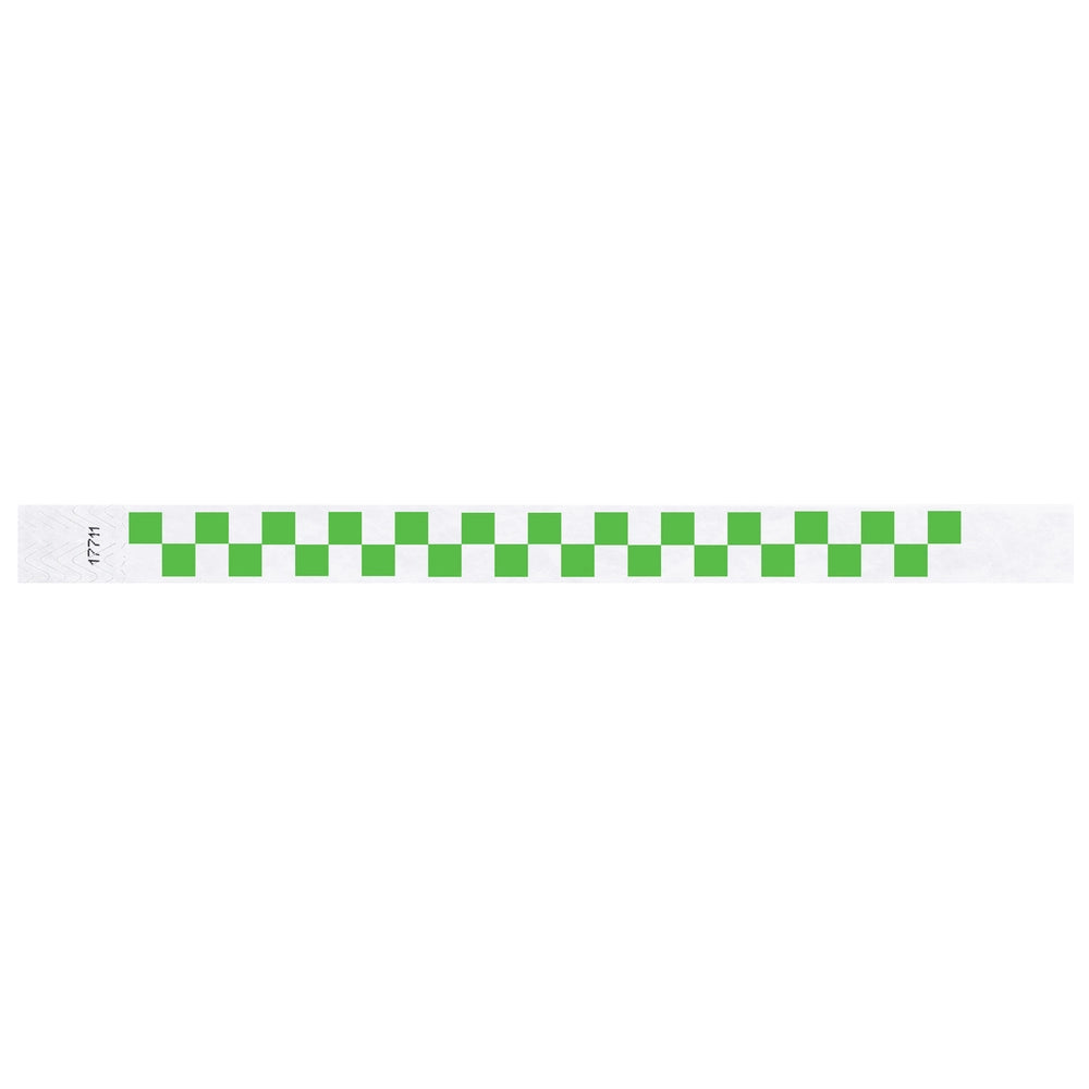 tyvek wristband with a neon green and white checkerboard pattern - flat version shown 