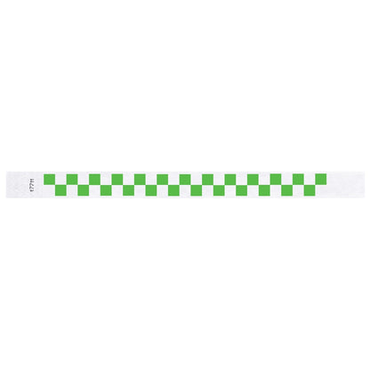 tyvek wristband with a neon green and white checkerboard pattern - flat version shown 