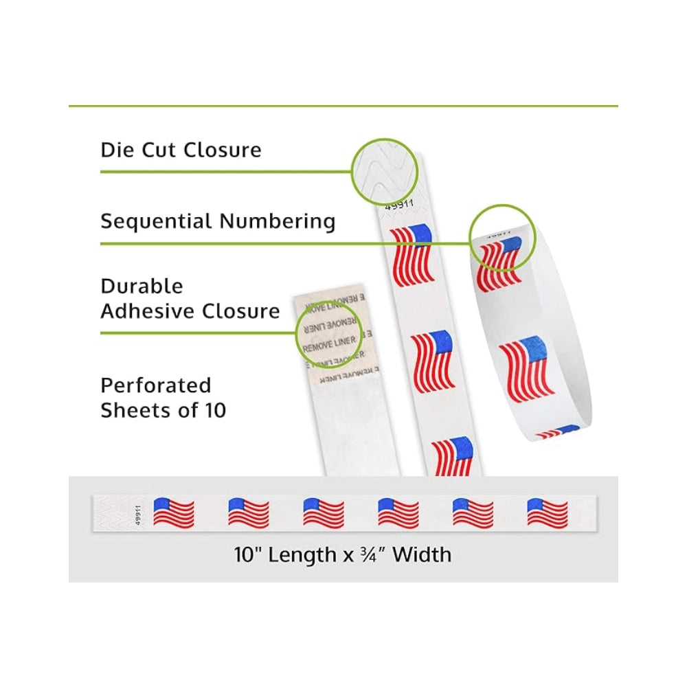 Wrstband Wavy flag specifications sheet with die cut closure, swquential numbering, durable adhesive closure and perforated sheets of 10 