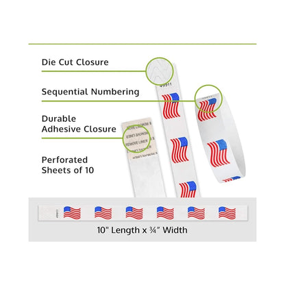 Wrstband Wavy flag specifications sheet with die cut closure, swquential numbering, durable adhesive closure and perforated sheets of 10 