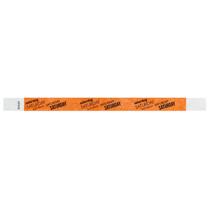 neon orange tyvek wristband with saturday  text in black ink repeated