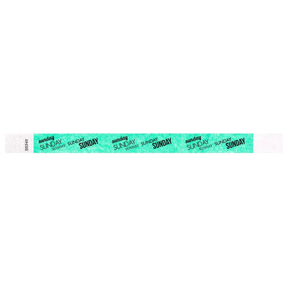 aqua tyvek wristband with sunday text in black ink repeated