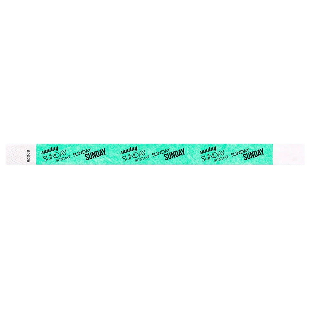aqua tyvek wristband with sunday text in black ink - flat version shown