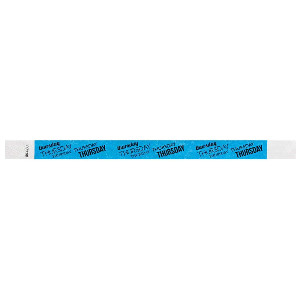 neon blue tyvek wristband with thursday  text in black ink repeated