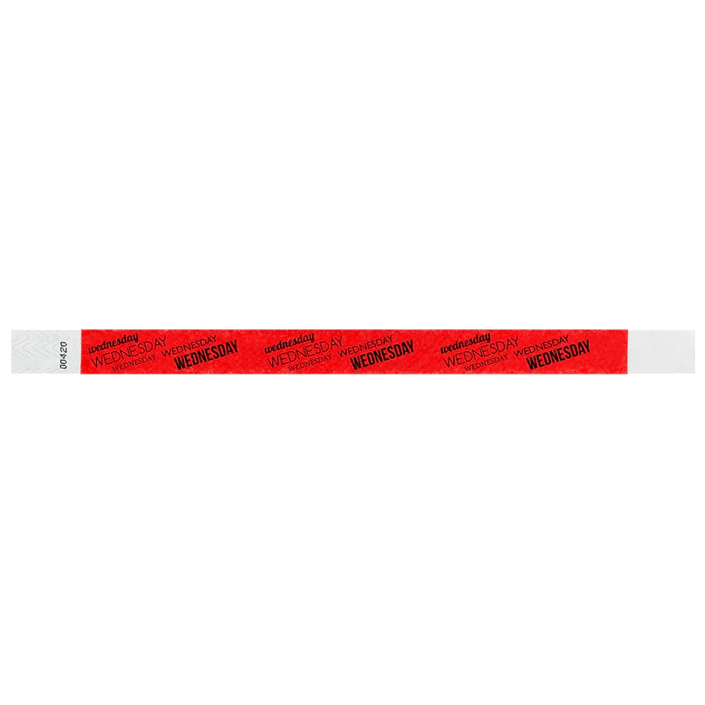neon red tyvek wristband with wednesday  text in black ink repeated