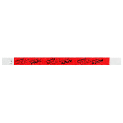neon red tyvek wristband with wednesday  text in black ink repeated