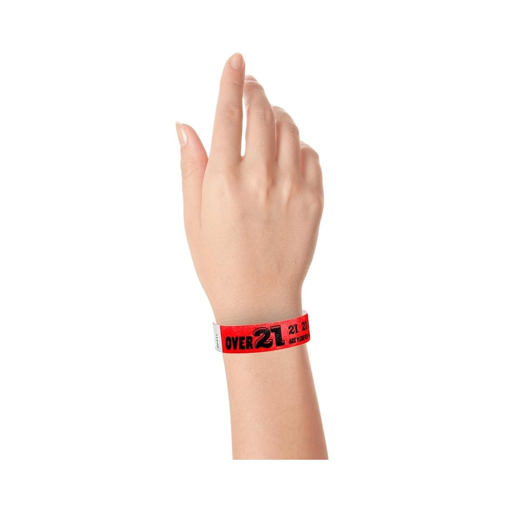 Wrist wearing Wristband with text "Over 21" in neon red 
