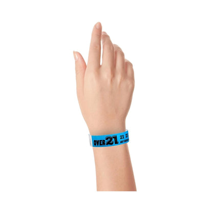 Wrist wearing Wristband with text "Over 21" in neon blue