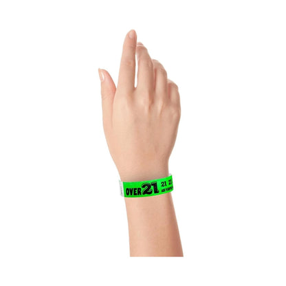 Wrist wearing Wristband with text "Over 21" in neon green 