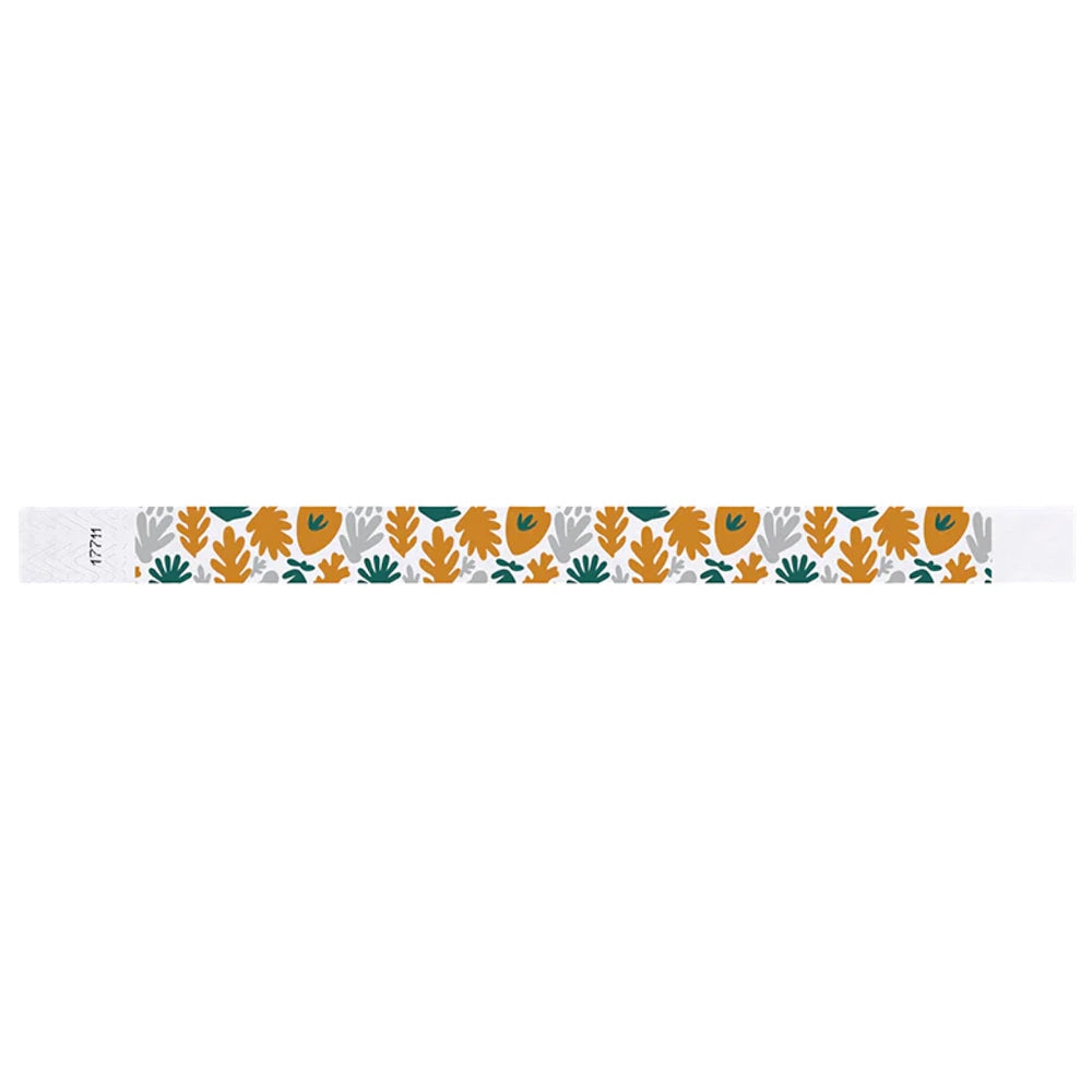 White wristband with colourful leaf pattern in gold, silver and green - flat version shown 