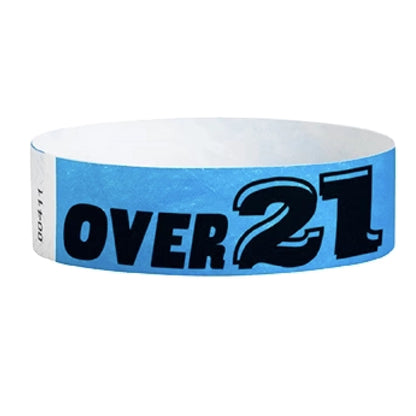 Neon Blue wristband with text "Over 21" in black - shown in round 