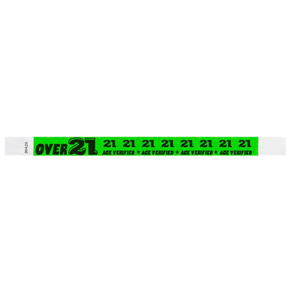 Neon green Wristband with text "Over 21" and "Age verified" repeated on the band - shown in flat 